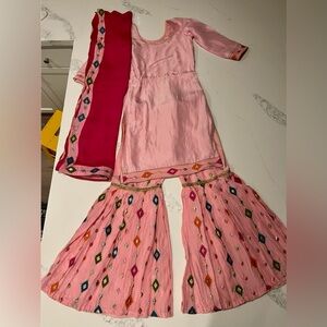 Pink and fuchsia sharara suit with traditional embroidery